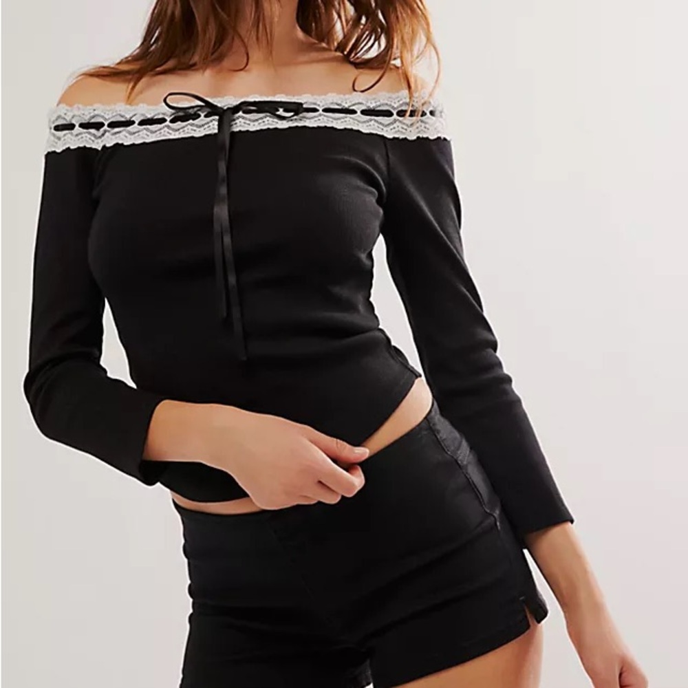 NWT! Free People Lace In Love Top Black Combo XL Off The Shoulder Long Sleeve